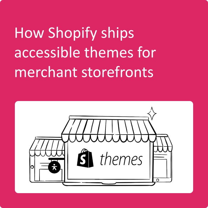 Image with the title "How Shopify ships accessible themes for merchant storefront". Below it is an illustration of three devices - laptop, tablet, and mobile as storefronts. The laptop has the Shopify themes logo in the middle and has an accessibility sign hanging to the left of it.