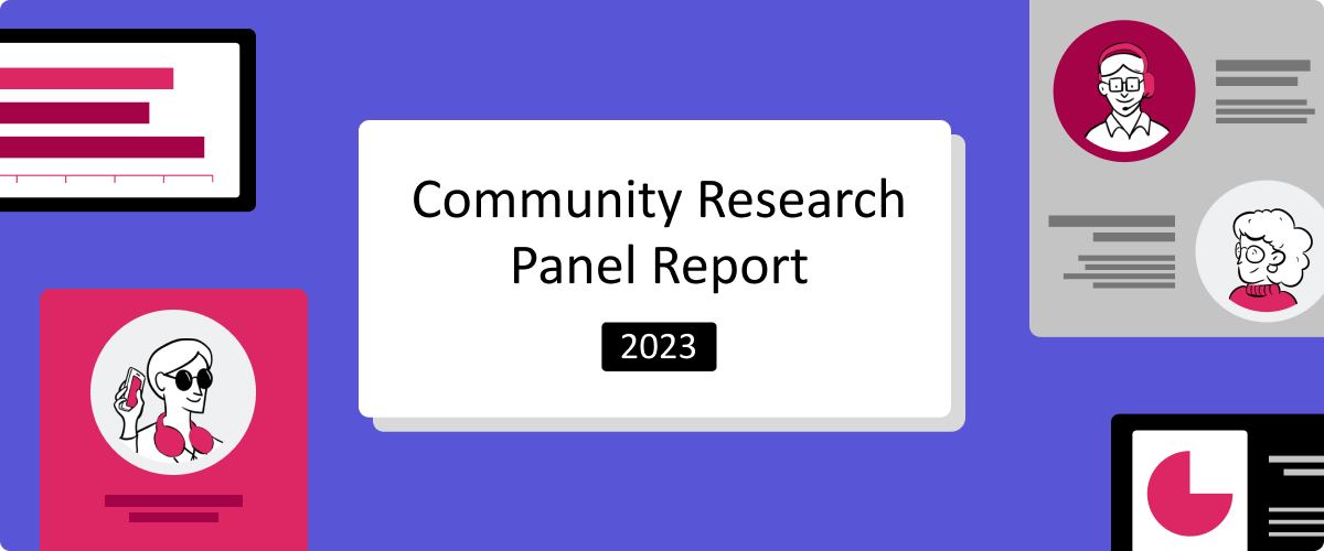 Community Research Panel Report 2023. There are graphs and icons of people in the background. One person wears dark eyeglasses and holds their mobile phone up to their ear. One person wears a headset. A woman wearing glasses looks to the left.