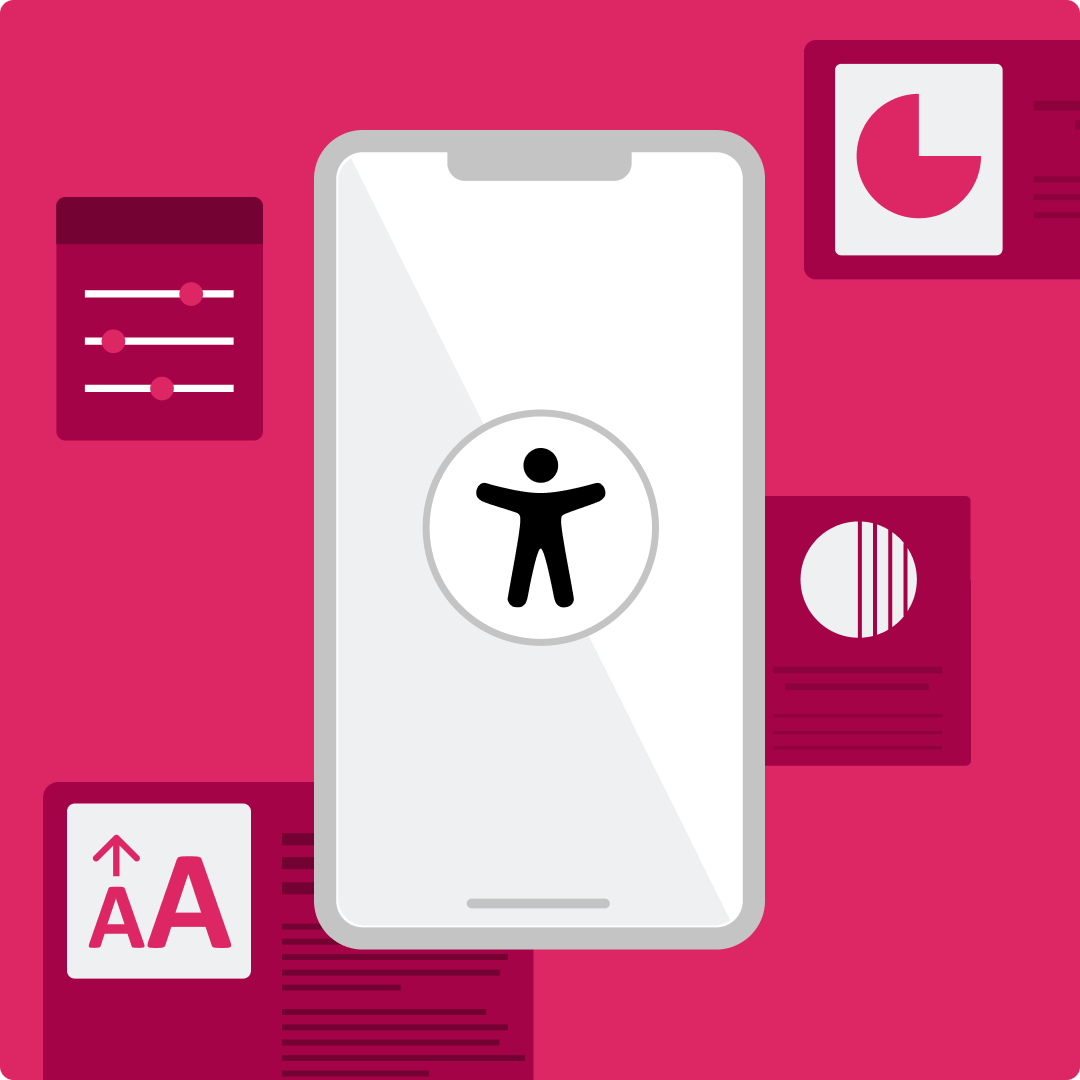 An illustrated mobile phone with the accessibility sign over a Fable pink background.