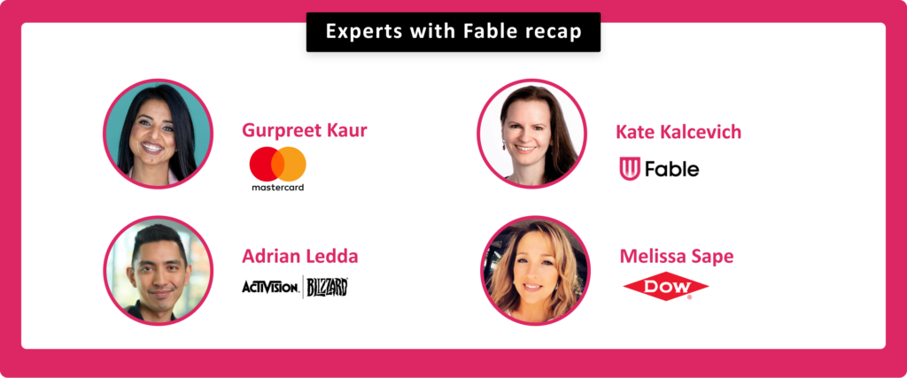 Experts with Fable recap. Gurpreet Kaur, Mastercard. Kate Kalcevich, Fable. Adrian Ledda, Activision Blizzard. Melissa Sape, Dow Chemical.