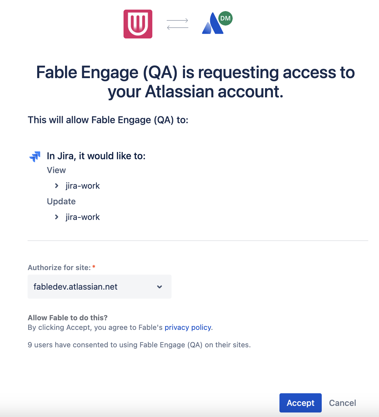 Screenshot of a user authorizing the use of the Fable Engage Jira integration, listing permissions to agree to, and the options to Accept or Cancel.