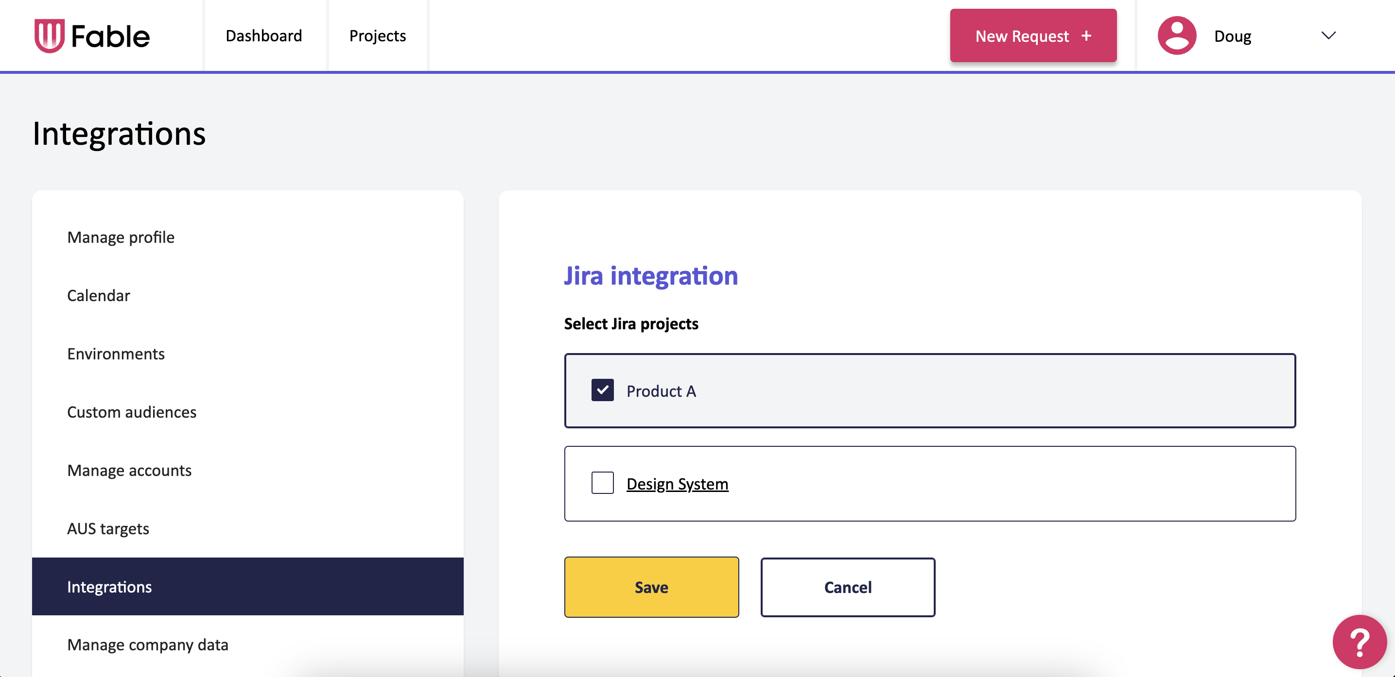 Screenshot of the Jira integrations preference page, with a multi selection to select which Jira projects to use for the integration. 