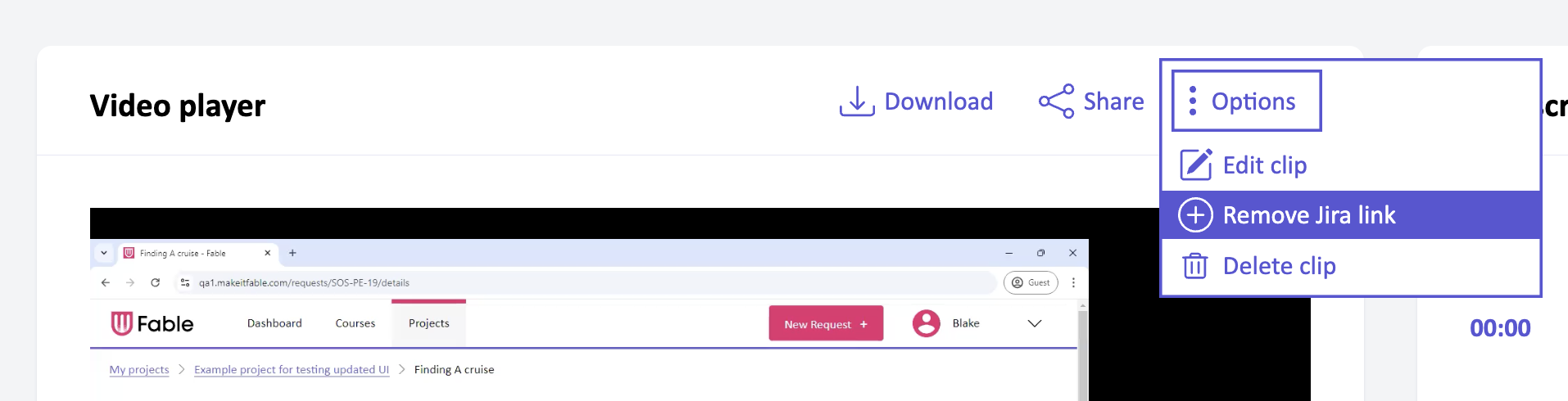 Screenshot of the video player for a clip, with the options menu opened with the option remove Jira link selected