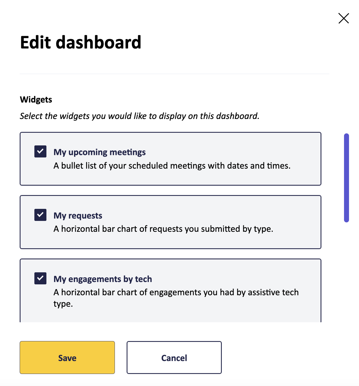 Screenshot of the edit dashboard modal with a list of widgets with names and descriptions, each with a selectable checkbox.