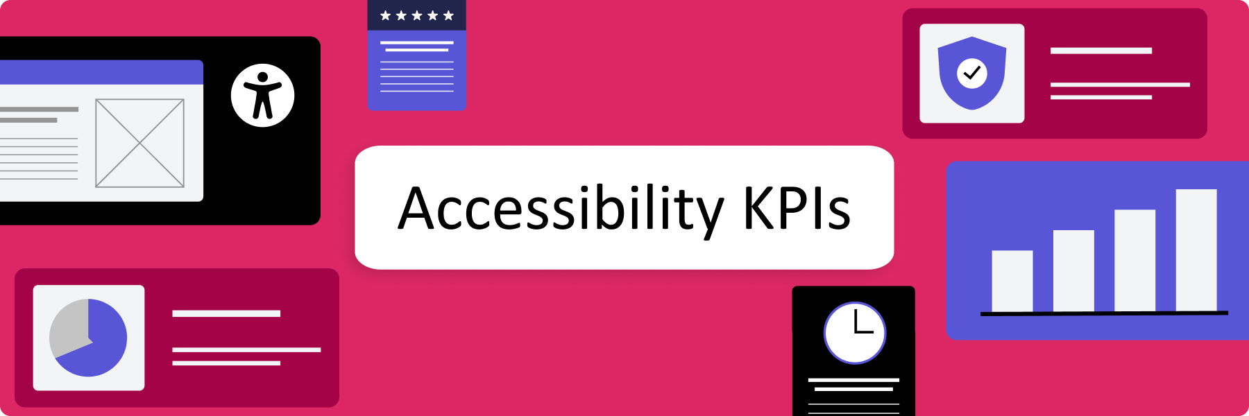 Decorative banner image illustration that says 'Accessibility KPIs' with illustrations of quantitative ways to measure progress such as 5-star reviews, upward trending graphs, pie charts and completed certifications.