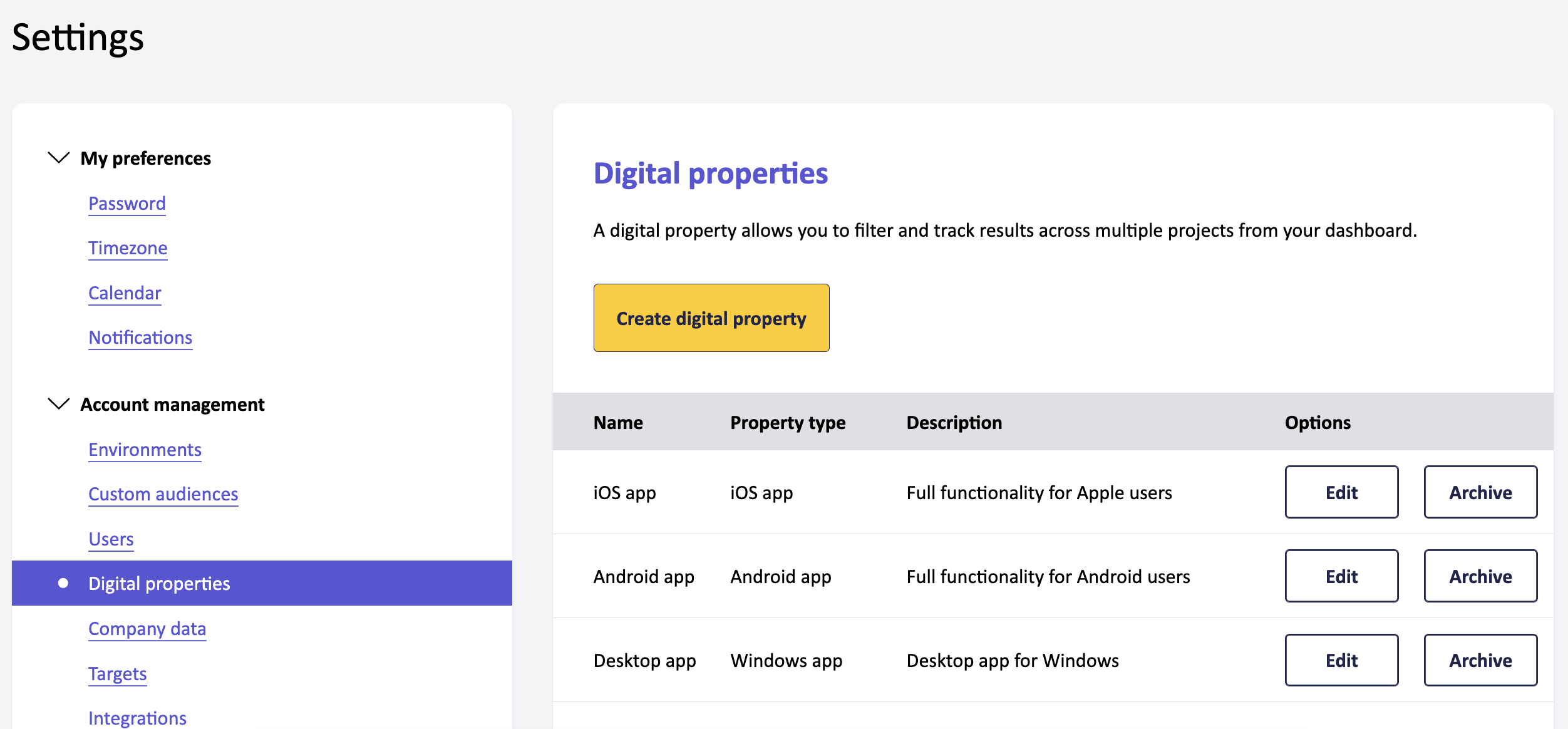 Screenshot of digital properties settings page listing all existing digital properties , and a button to create a digital property.