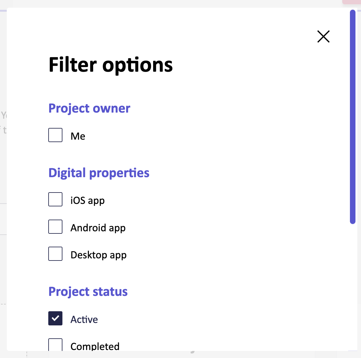 Screenshot of project dashboard filter modal, including filter options by project owner, digital property, and project status.