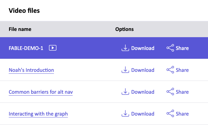 Screenshot of the Fable Engage Video Files section. Shows the options to download or share a video file.