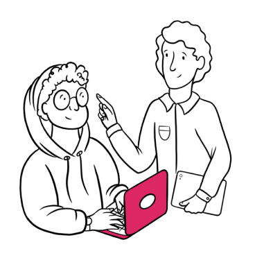 An illustration of an engineer in a hoodie typing on a laptop in conversation with another person who is holding a tablet