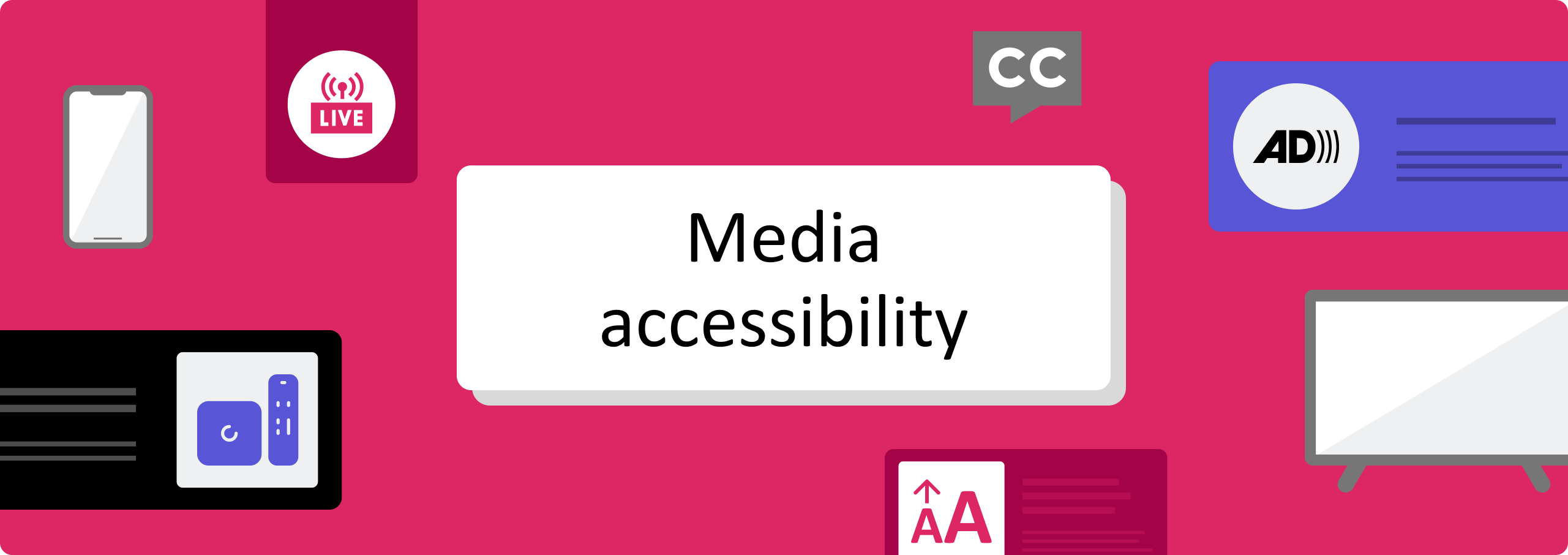 Decorative banner image that says 'Media accessibility' surrounded by a closed captioning icon, a live streaming icon and an audio description icon