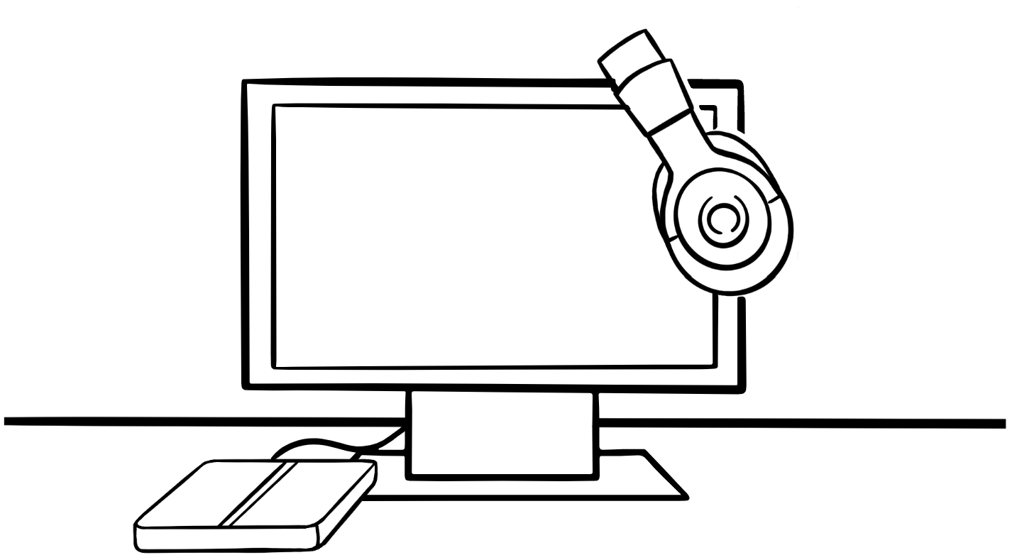An illustration of a computer monitor and over-ear headphones.