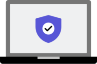 4C78E8DA-2A21-48CB-BA1C-46DD4645085E Illustration of an open laptop. On the screen there is a purple shield with a black checkmark at the centre of it.