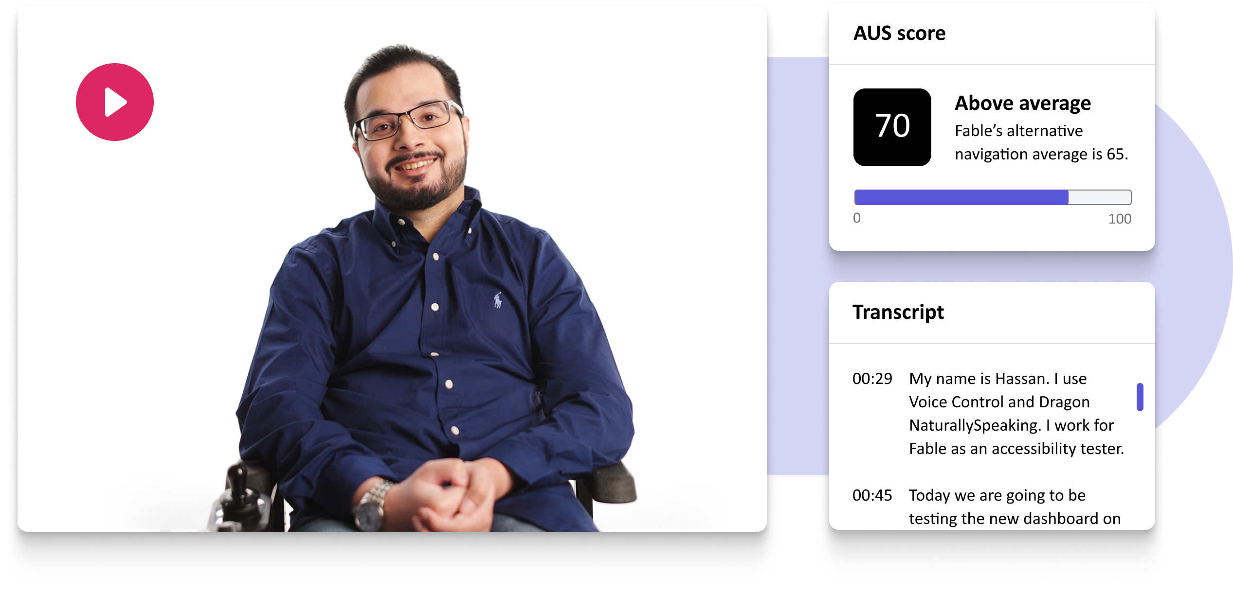 An image showcasing various features of the Fable Engage platform. There is an image of a smiling man sitting in a wheelchair, overlaid with a play button to indicate a video. On the right, a screenshot of an AUS score of 70 is shown as "Above average". Beneath that, a screenshot of a video transcript.