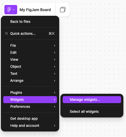 A screenshot of a main menu on a FigJam board titled "My FigJam board" The menu is open, showing several options, displayed over a background with a dotted grid pattern. From the menu list, Widgets is selected and highlighted in purple with a submenu. From the submenu, Manage widgets is selected and. highlighted in purple.