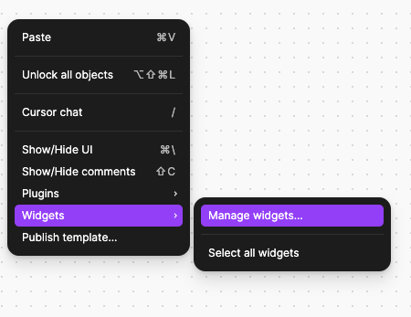 A screenshot of an on-page menu with several options, displayed over a background with a dotted grid pattern. The menu contains the following items: Paste Unlock all objects Cursor chat Show/Hide UI Show/Hide comments Plugins Widgets (highlighted in purple with a submenu) Manage widgets... (highlighted in purple) Select all widgets Publish template...