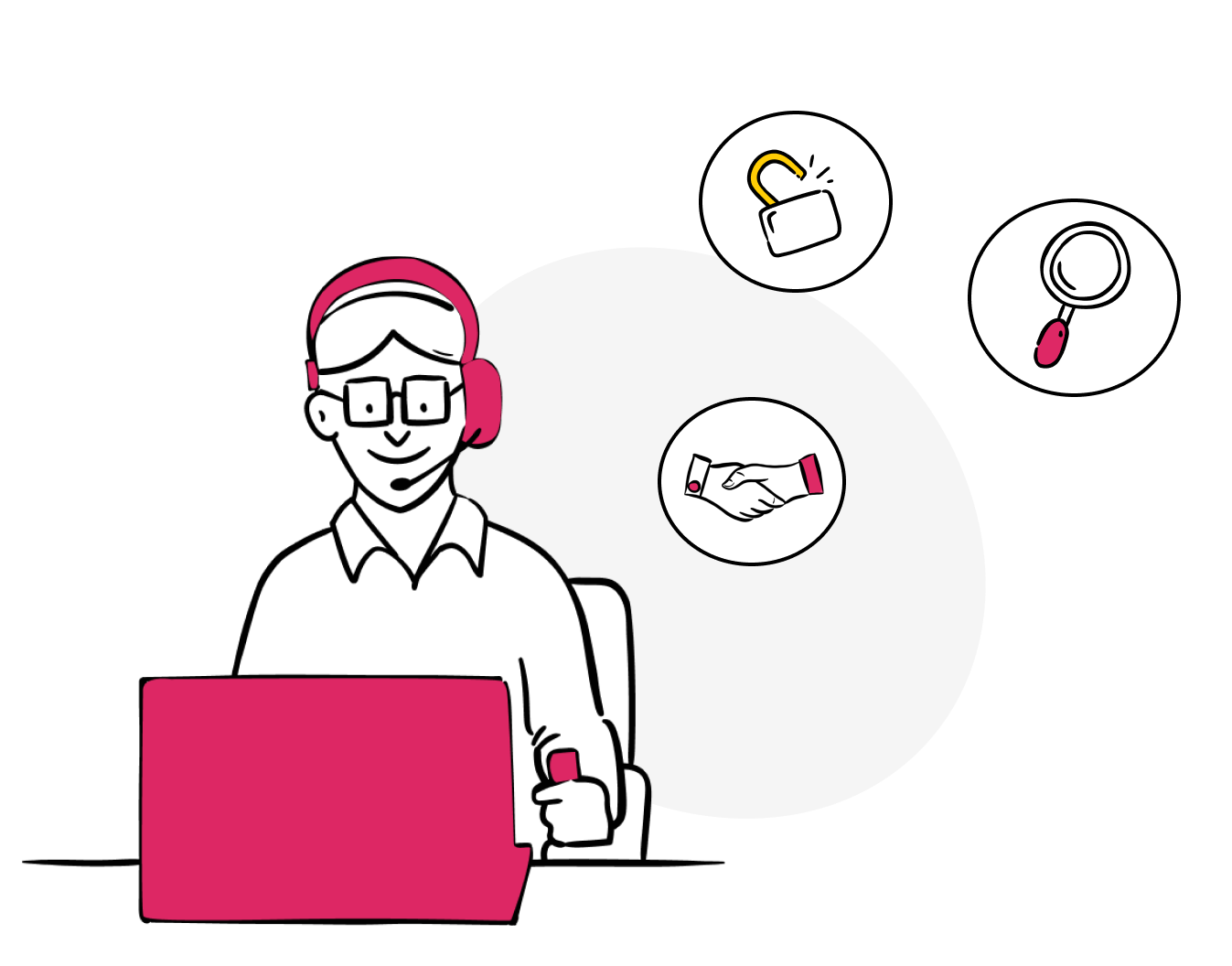 Illustration of a person with glasses wearing a headset while sitting at a laptop using a joystick assistive technology. Next to him are three floating icons: a handshake, an unlocked lock, and a magnifying glass.