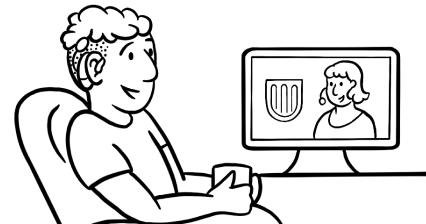 Black and white illustration of a person with a cochlear implant sitting at a desk, holding a mug, and smiling while watching a video call on a computer monitor. The monitor displays another person with a headset, next to the Fable shield logo.