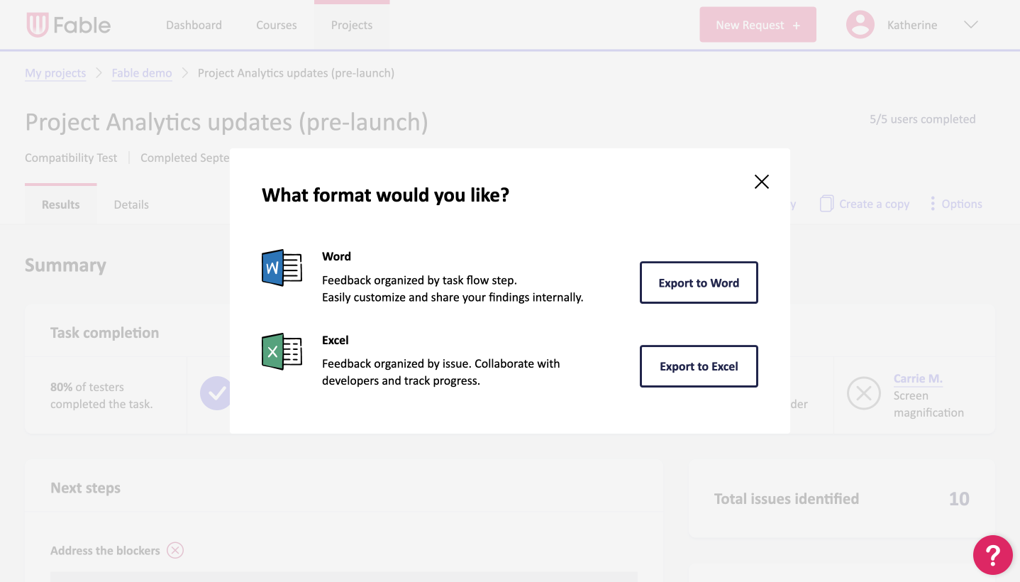 Screenshot of the Fable export feature. Options to download your data in either Word or Excel format.