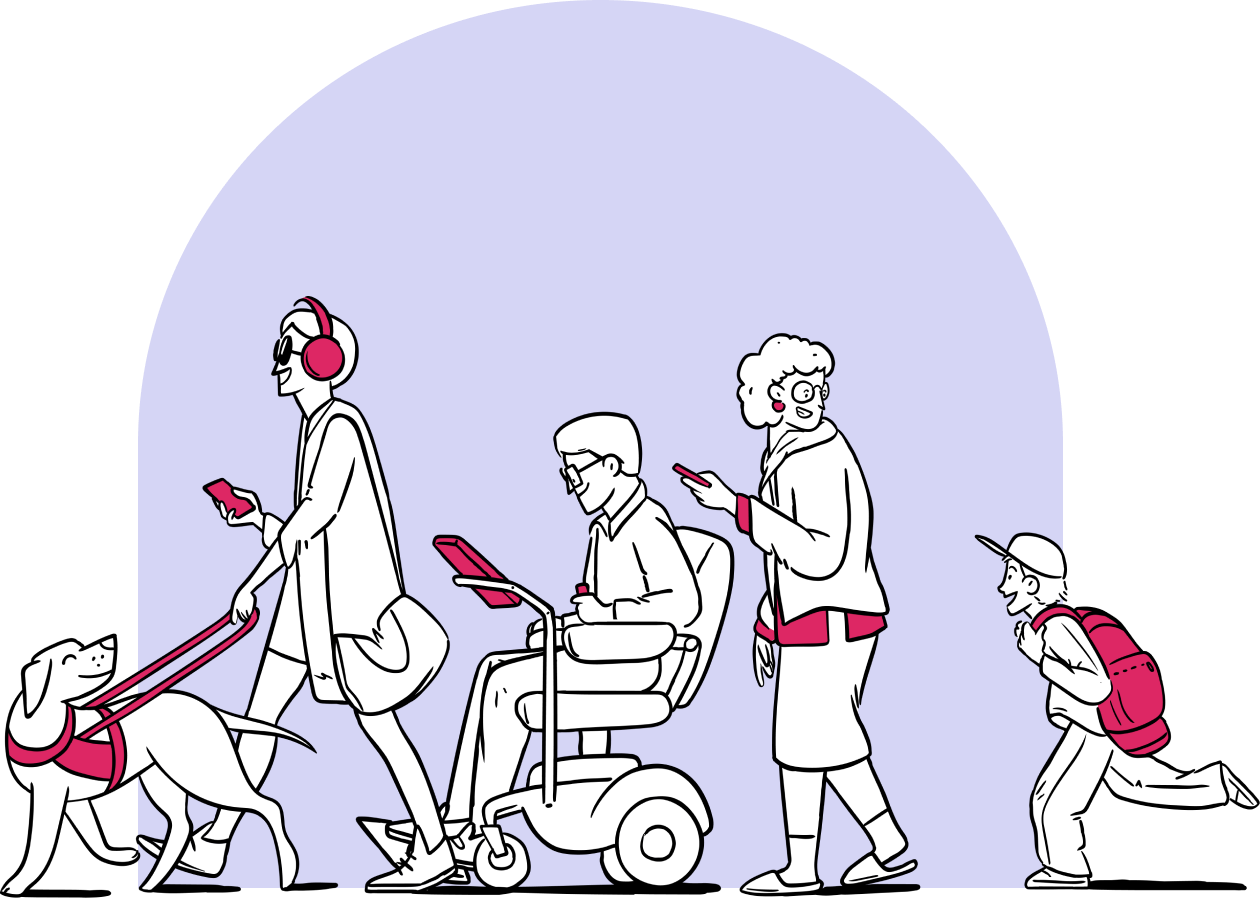 Illustration of five people with various assistive devices: a person using a guide dog, a person in a motorized wheelchair, an older adult with a cane, a child with a backpack, and another person using a smartphone.