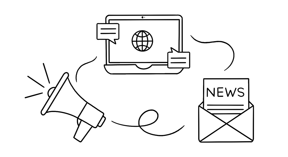 Illustration of a laptop displaying speech bubbles and a globe next to a megaphone, and an envelope containing a news document