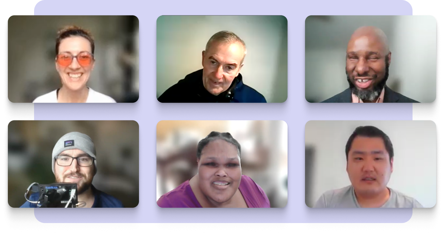 Grid of six people, each in their own video frame, smiling at their cameras.