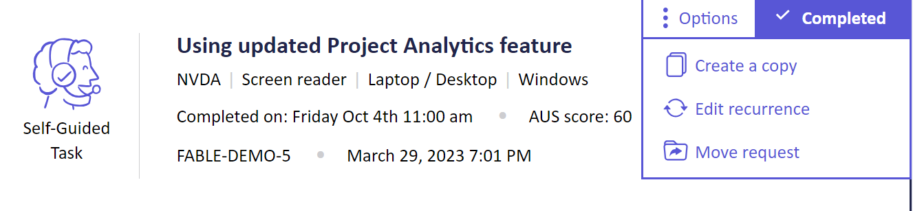 A screenshot of the interface for editing a recurring request in Fable Engage. This request is a self-guided task titled "Using updated Project Analytics feature". The Options menu is open, showing three options: Create a copy, edit recurrence or move request.