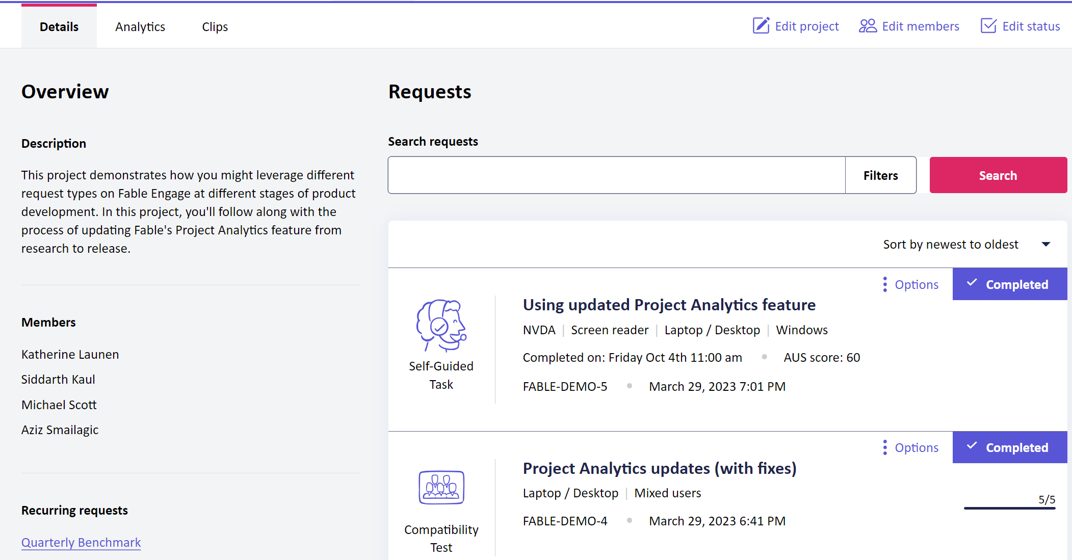 Screenshot of the Project Details page in Fable Engage. This page shows the details of all requests within a project. Along the left side of the interface, there is an Overview section that lists the project description, members, and a list of recurring requests. This project has one recurring request titled "Quarterly benchmark".