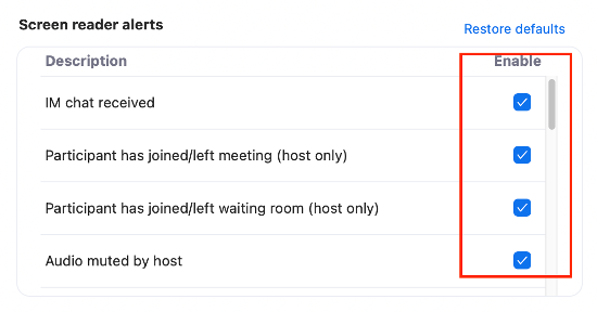 Screenshot of screen reader alerts settings in Zoom. The Alerts table has two columns: "Description" on the left and "Enable" on the right. Descriptions include "IM chat received," "Participant has joined/left meeting (host only)," "Participant has joined/left waiting room (host only)," and "Audio muted by host." The "Enable" column has checkboxes, all of which are checked. A red outline highlights the "Enable" column.