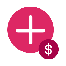 Icon of a large white plus sign in a pink circle next to a small white dollar sign in a dark pink circle.