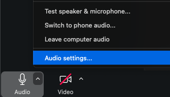 Screenshot of the Zoom interface. The Audio menu is open and there are four options: Test speaker and microphone, Switch to phone audio, Leave computer audio, and Audio settings. The Audio settings option is highlighted.