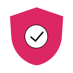 Icon of a pink shield. Inside the shield is black checkmark inside a white circle.