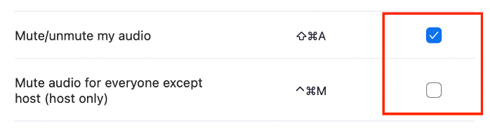 Screenshot of the Audio settings in the Zoom interface. Two settings options are show: Mute/unmute my audio and Mute audio for everyone except host (host only). Next to each option are the keyboard shortcut and a checkbox to enable or disable each setting.