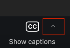 Screenshot of the Zoom interface. The Show Captions button is two Cs in a white rectangle. Next to the button, an upwards arrow to open the captions menu. The arrow is highlighted.