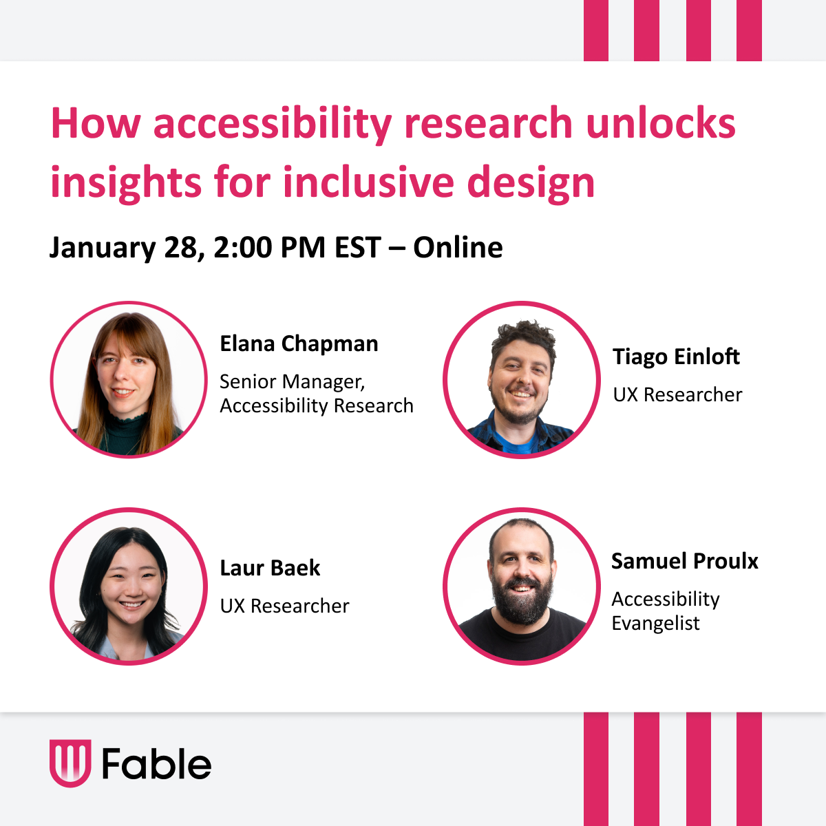 Experts with Fable. February 13th, 2024 at 2pm EST. Lori Samuels, Senior Director of Accessibility. NBCUniversal