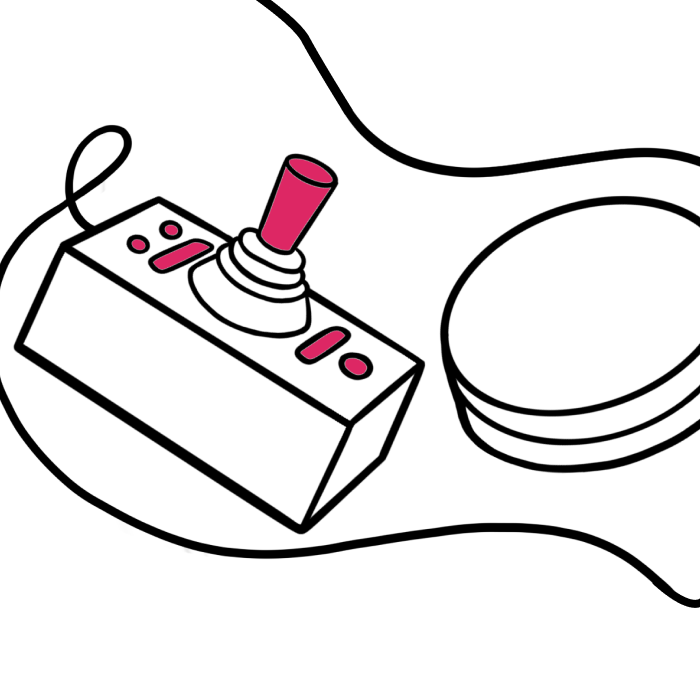 Illustration of a close-up view of a Tecla joystick and switch, representing a couple different versions of assistive controls used by those with physical challenges that make movement and speaking difficult.