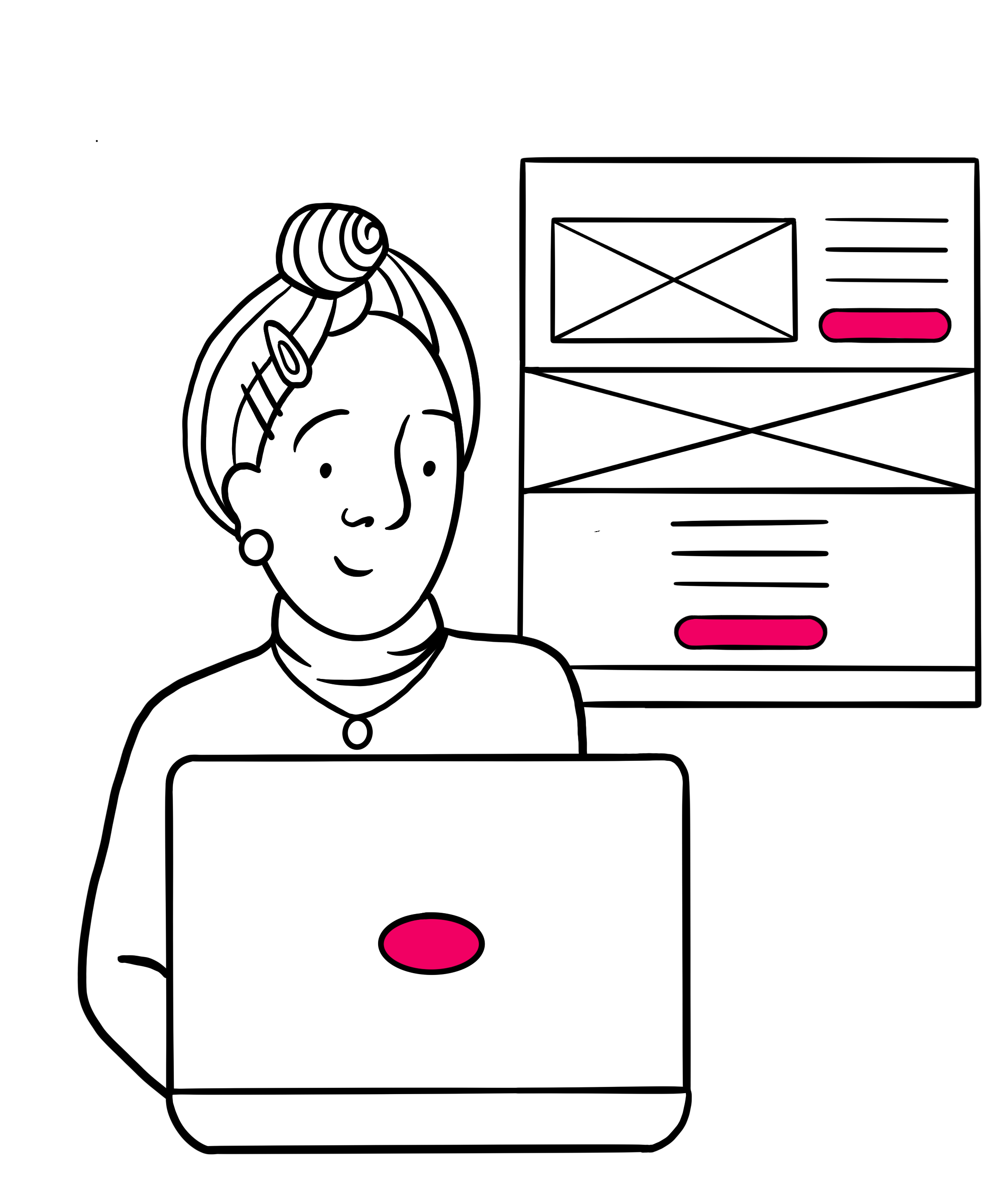 An illustration of a UX designer. The person is sitting behind a laptop. In the background, there is a large low-fidelity wireframe of a webpage that includes placeholders for text, images and buttons.