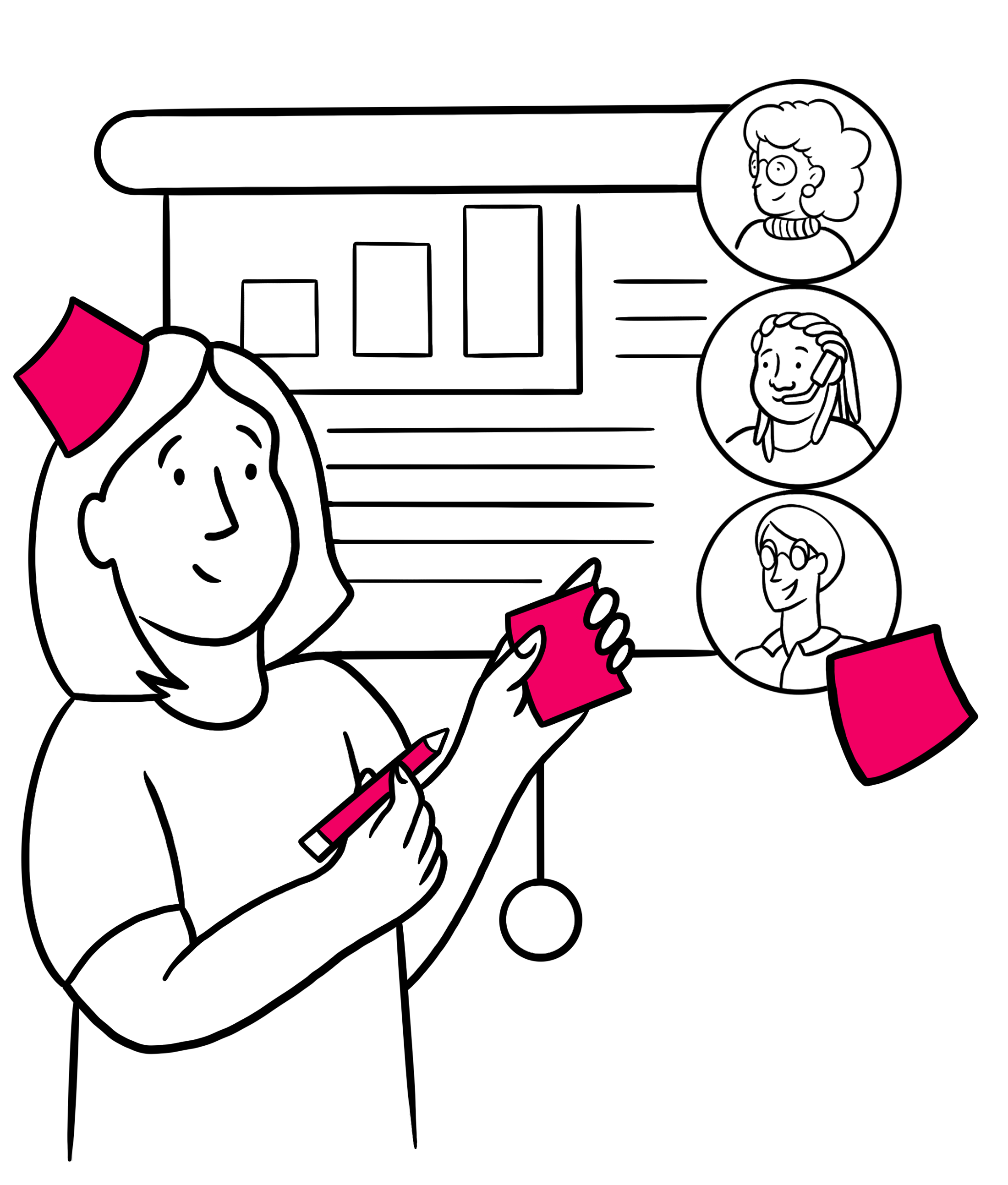 Illustration of a UX researcher. The person is holding a pen and pink sticky notes, while pointing at a presentation that shows three user personas, a growing bar graph.