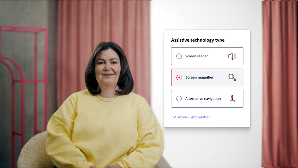 Amber Knabl, a white woman with short brown hair wearing a yellow sweater, is sitting on a chair in front of a pink and white backdrop. In the space next to her there is a floating graphic of the Fable Engage UI titled "Assistive Technoogy type" and three options to select: screen reader, screen magnifier or alternate navigation.