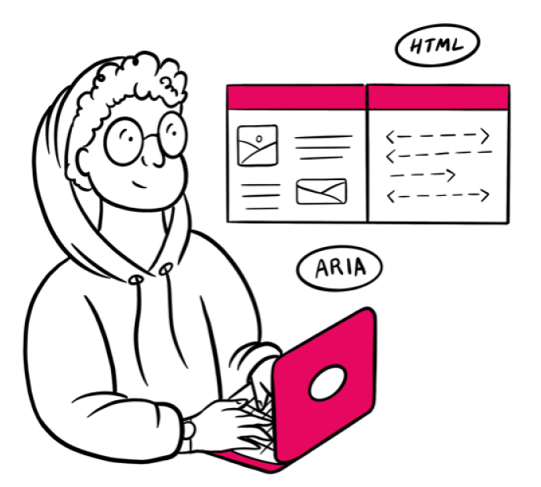 An illustration of an engineer in a hoodie typing on a laptop. Next to them is a website wireframe and its code, with two floating bubbles that say ARIA and HTML.