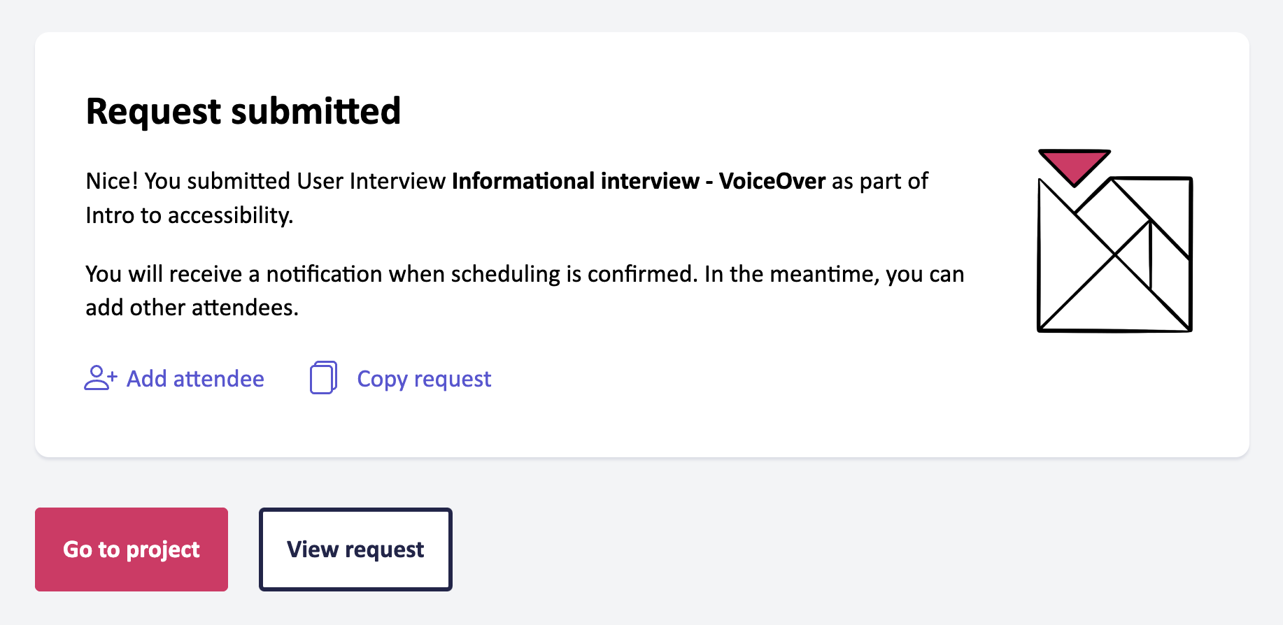 Screenshot of the Request submitted confirmation page in Fable Engage. The page says "Request submitted. Nice! You submitted User Interview Informational interview - VoiceOver as part of Intro to accessibility. You will receive a notification when scheduling is confirmed. In the meantime, you can add other attendees." Below are two links labeled "Add attendee" and "Copy request," and buttons for "Go to project" and "View request."