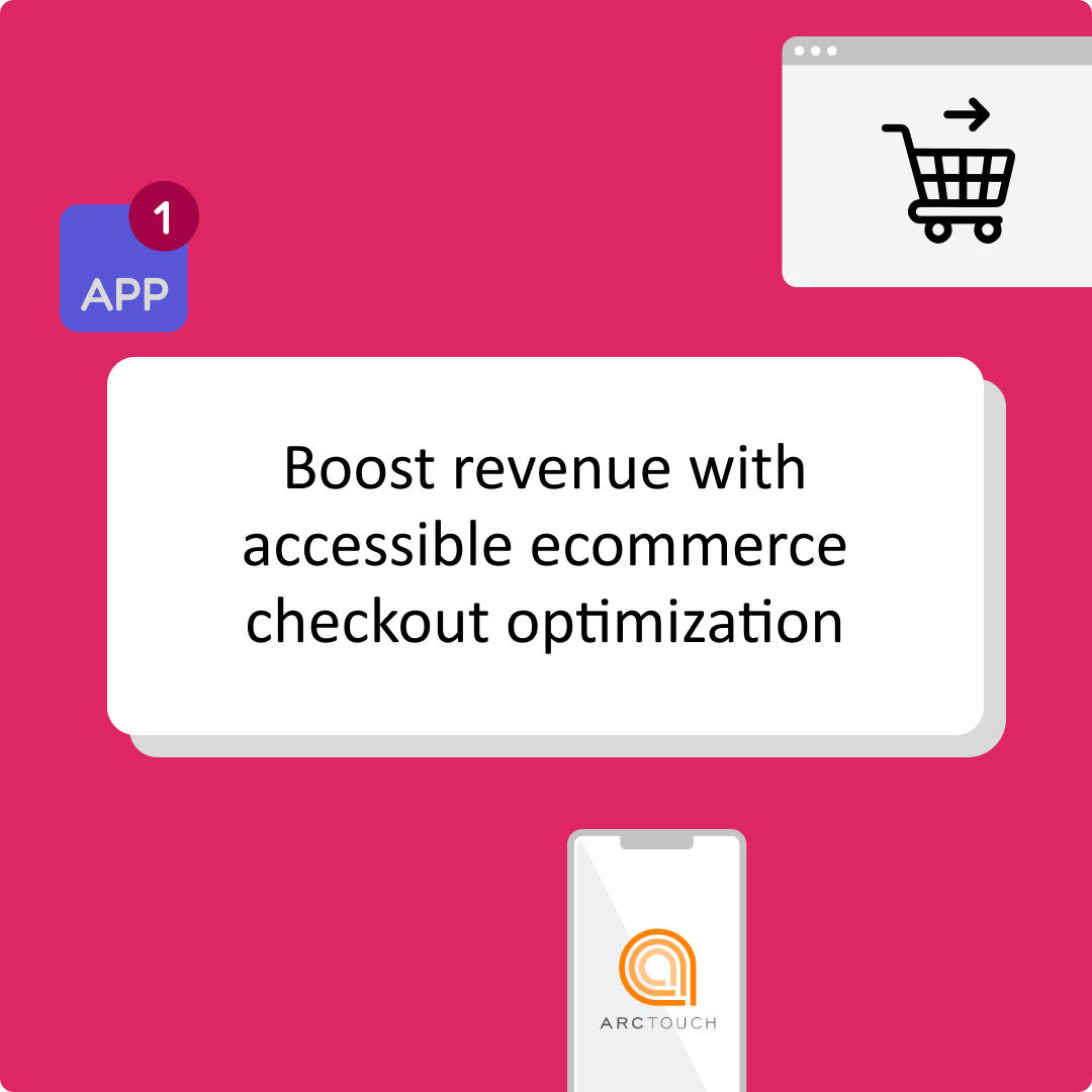 Thumbnail image with the text 'Boost revenue with accessible ecommerce checkout optimization' on a pink background surrounded by a smartphone icon, an app icon and a online shopping icon