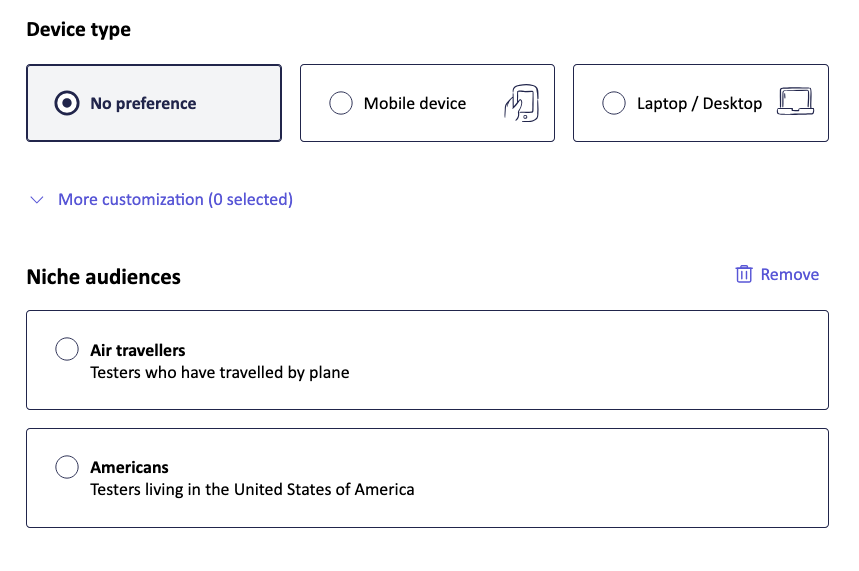 Screenshot of the Fable Engage interface, showing the request set up flow. The screenshot shows the options for Device type, which are No preference (selected), Mobile device, or laptop/desktop. It also shows the Niche audiences options, which are Air travellers (testers who have travelled by plane) or Americans (Testers living in the United States of America).