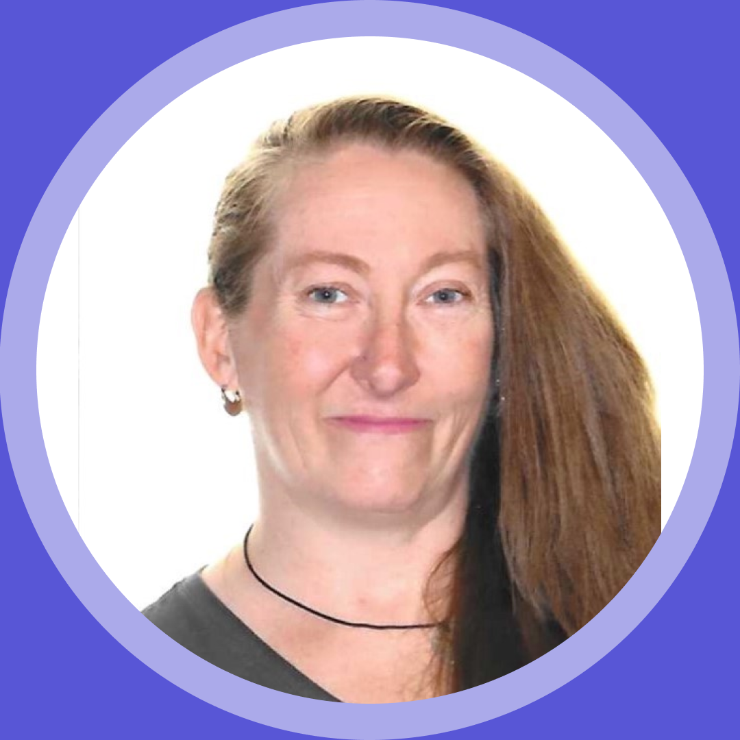 Thumbnail image. Portrait of Donna B. a woman with long, straight light brown hair, wearing a black top and small hoop earrings, set inside a purple circular frame.