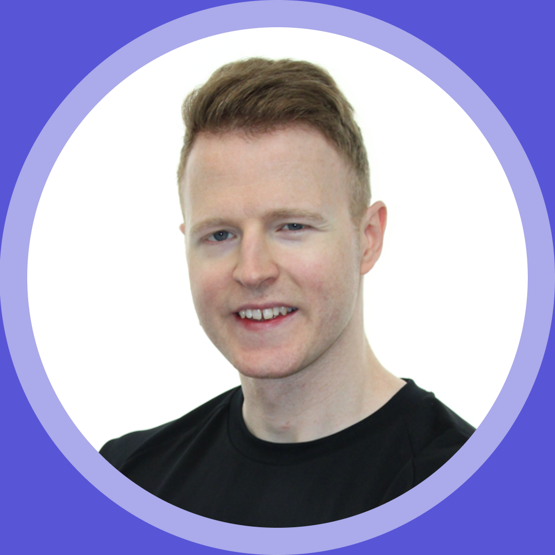 Thumbnail image. Portrait of James B, a white man with short, light brown hair, wearing a black t-shirt and smiling, set inside a purple circular frame with a purple border.