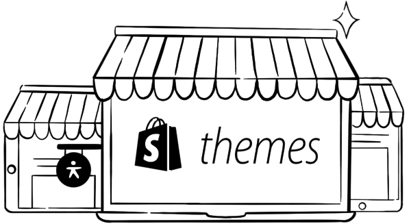 shopify-illustration-filled Illustration of three devices - laptop, tablet, and mobile as storefronts. The laptop has the Shopify themes logo in the middle and has an accessibility sign hanging to the left of it.