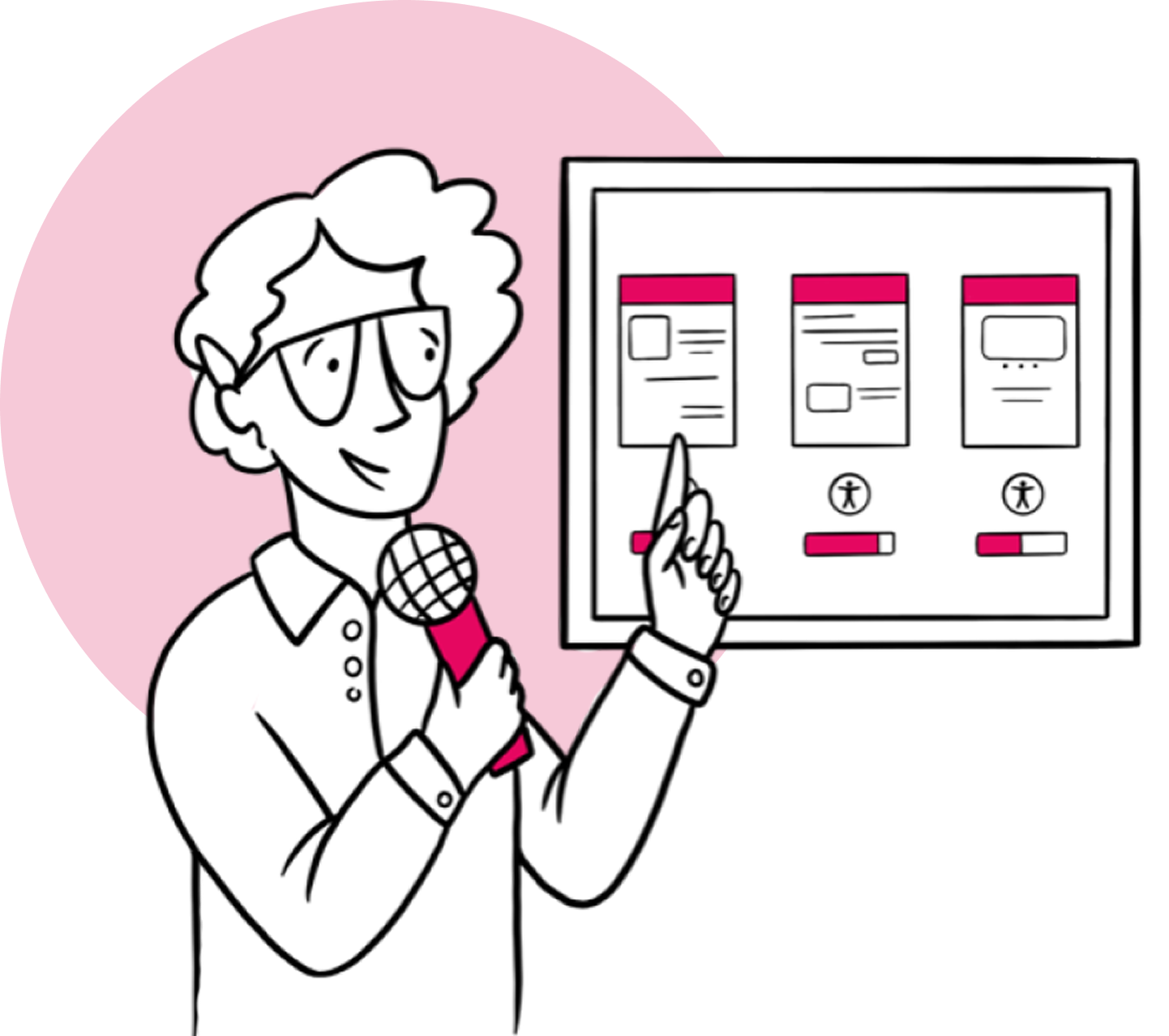 accessibility-leaders Illustration of an accessibility leader wearing glasses and a long sleeve shirt, holding a microphone and presenting the accessibility health of three digital products