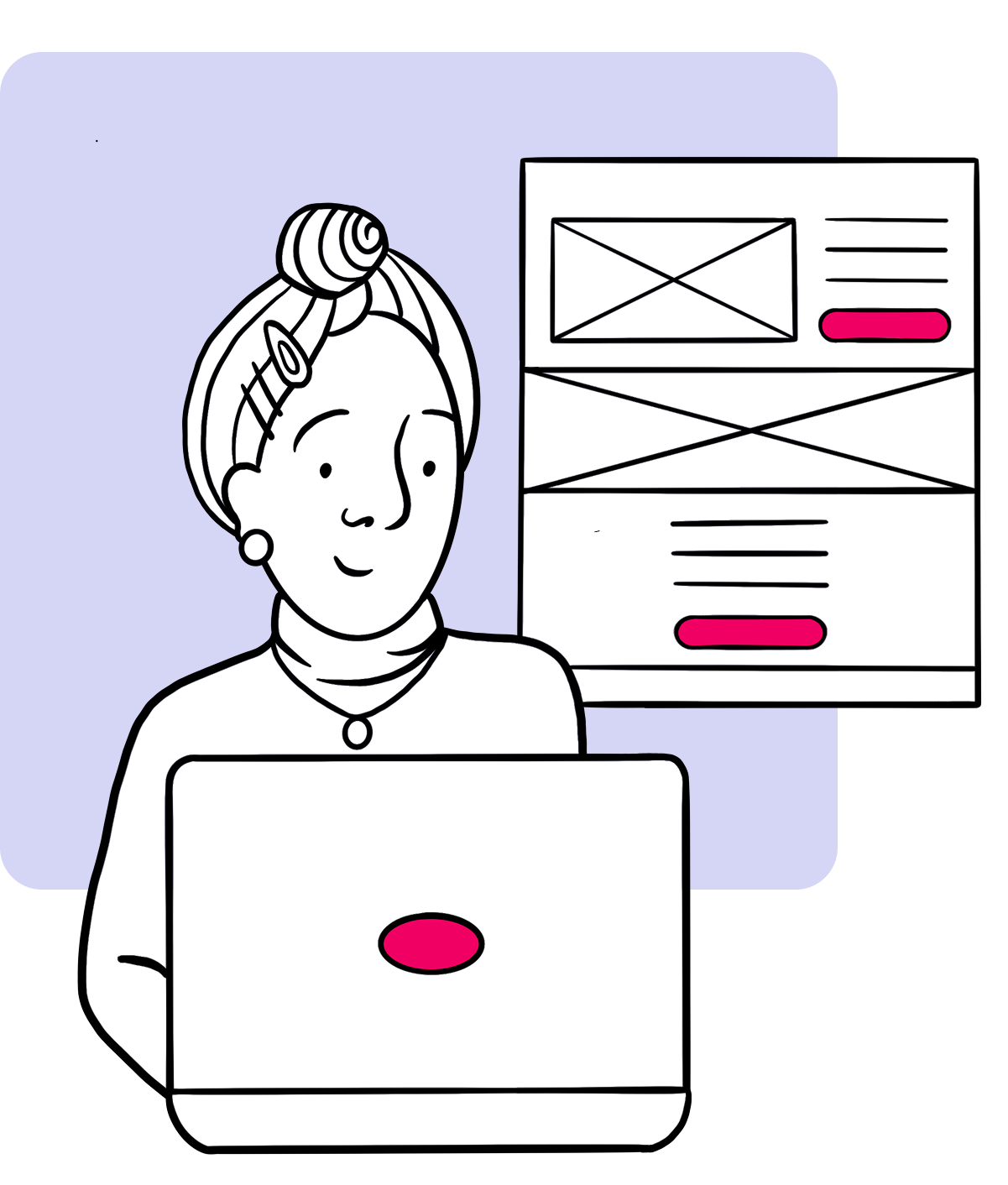 product-research-design-teams An illustration of a UX designer. The person is sitting behind a laptop. In the background, there is a large low-fidelity wireframe of a webpage that includes placeholders for text, images and buttons.