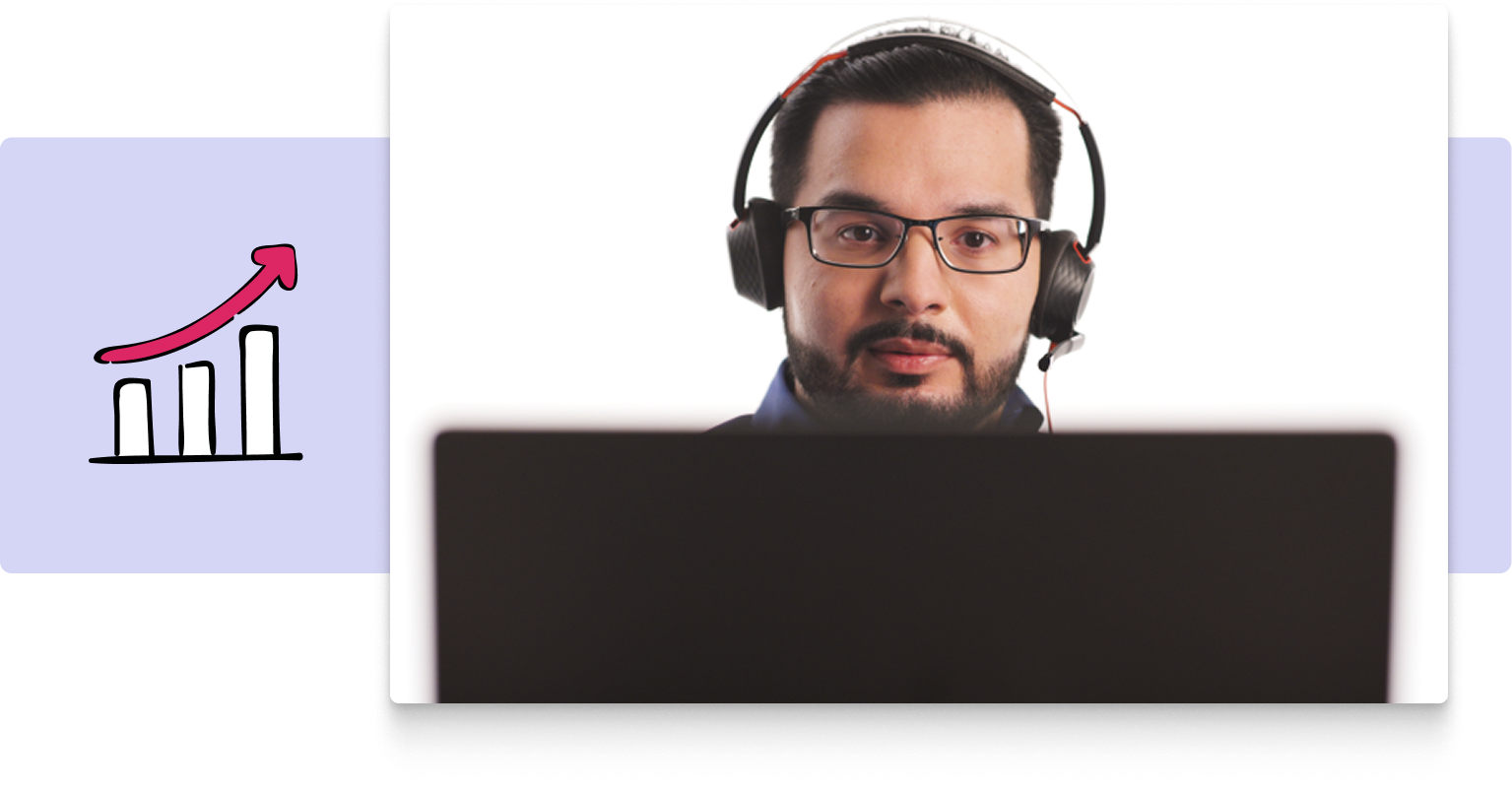 A man wearing glasses and a headset looks at a laptop screen. To the left of the image, there's a graphic of a bar chart with an upward arrow, suggesting growth or improvement.