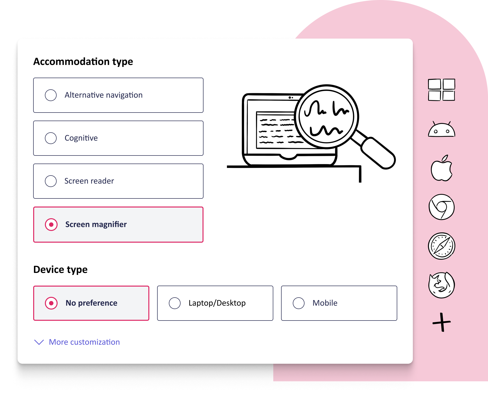 Engage-Audience-filters (1) Fable Engage interface for selecting tester preferences. Under "Accommodation type," four options are listed: Alternative navigation, Cognitive, Screen reader, and Screen magnifier (selected). Under "Device type," three options are available: No preference (selected), Laptop/Desktop, and Mobile. Along the right side are icons representing different platforms or systems, including Windows, Android, Apple, Chrome, Safari, and Firefox. A “More customization” link appears at the bottom.