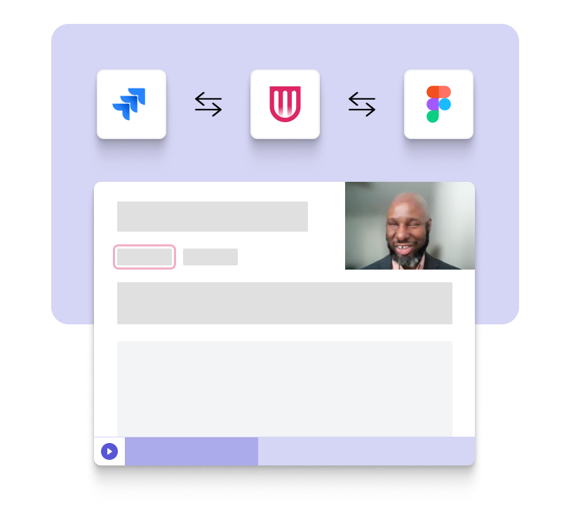 Engage-sharing-insights Graphic showing integration between Jira, Fable and Figma. Below the icons is a mock interface of a clip of a Fable testing session, which includes a video thumbnail of the tester, and a mock up of a web interface that he is navigating.